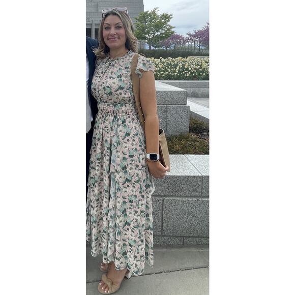 SHOSHANNA Pink Floral Hourglass Flutter Sleeves Ruffled Triana Midi Dress Size 2 - Picture 13 of 13